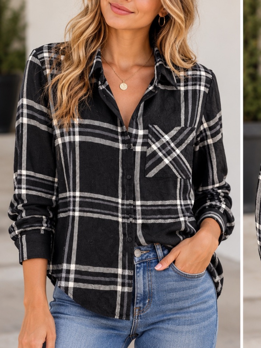 White House Black Market Black & White Plaid Button-Front Shirt — Size 2